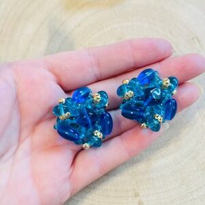 VTG Chunky Cluster Earrings Statement blue glass Czech pierced round flashy gold